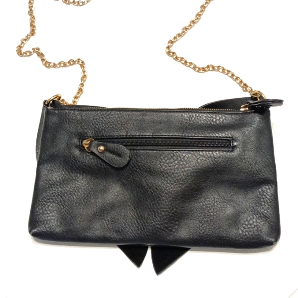 Large Bow Black Faux Leather Gold Chain Shoulder Bag Handbag Clutch - Picture 5 of 8